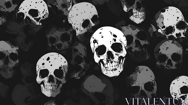 Striking white skulls emerge boldly from the inky darkness