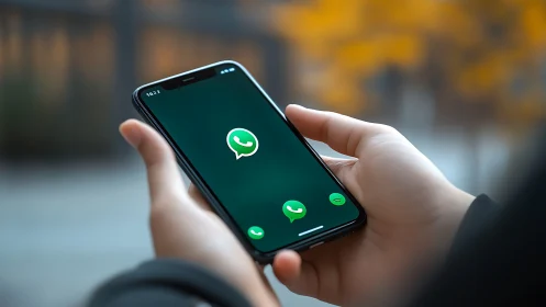 Autumn street caller framed in sleek WhatsApp glow.