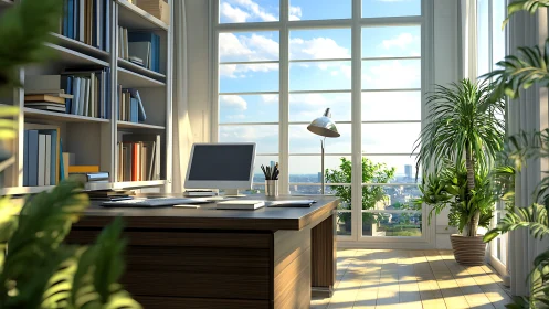 Sunlit modern office desk faces large window with city view