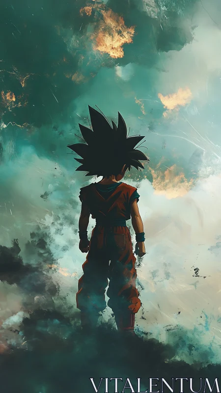 Silhouetted anime fighter standing in swirling storm clouds.