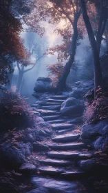 Misty Forest Pathway Through Autumn Woodland With Stone Steps.
