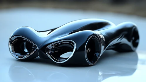 Sculptural black concept car with fluid mirrorlike bodywork.