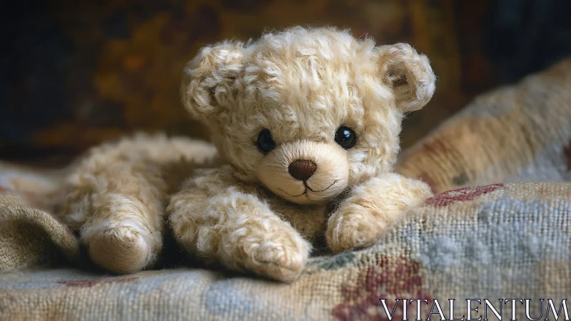 Vintage plush teddy bear resting on textured quilted blanket.