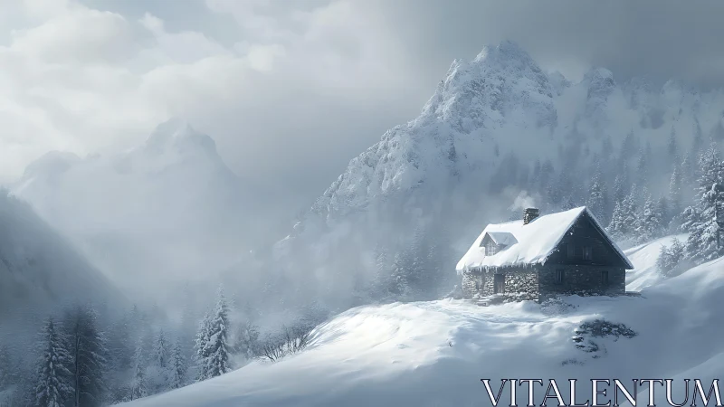 Stone cabin nestled in misty high-alpine winter peaks.