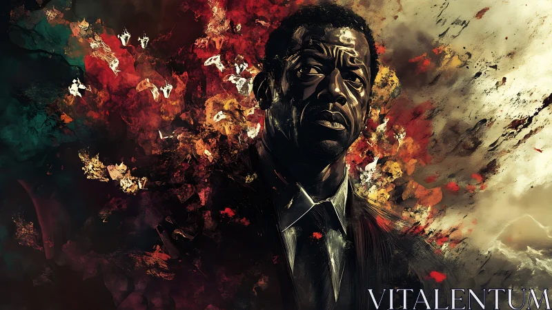 Storm-touched gentleman walks through exploding painted dusk