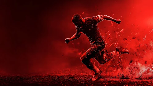 Soccer player rendered in red monochrome mid sprint motion