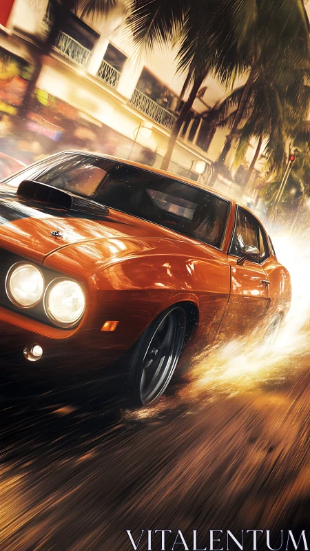 Muscle car ignites a neon boulevard with molten speed