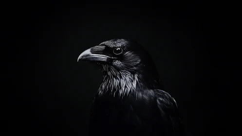 Midnight raven oracle poised in velvety chiaroscuro hush.