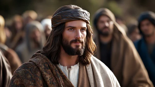 Bearded man in robe stands outdoors among blurred crowd
