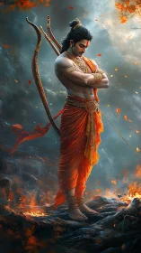 Divine warrior in fiery landscape radiates serene strength.