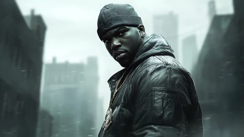 Man in dark jacket in misty urban street scene.