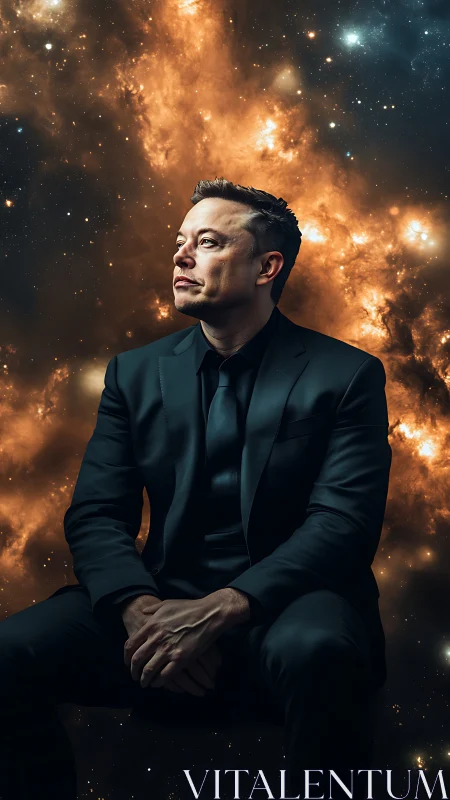 Formal suited man before nebula-rich deep space backdrop