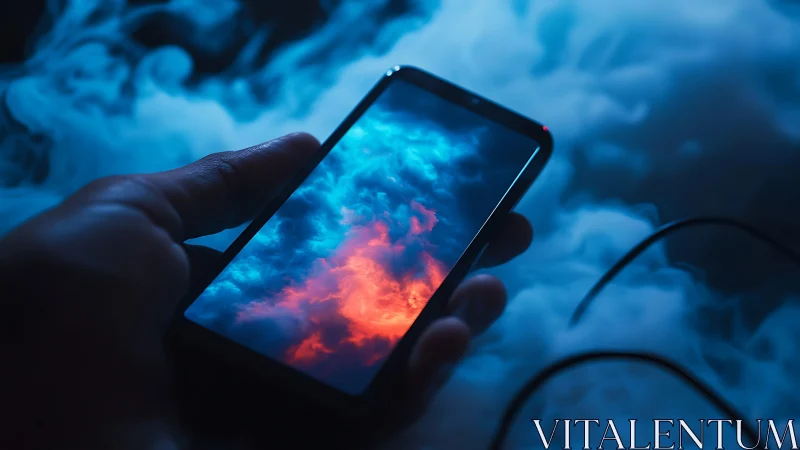 Smartphone screen clouds in neon blue and orange smoke.