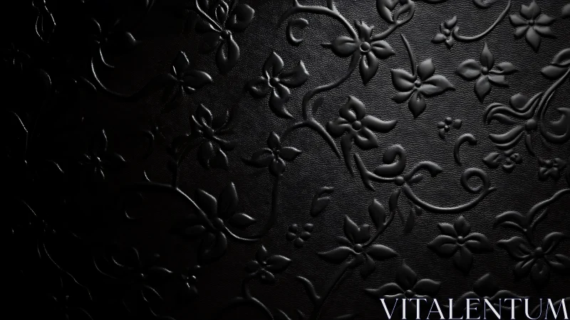 Embossed black leather floral wallpaper under side light.
