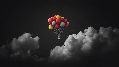 Cluster of hopeful balloons drifting above storm-dark clouds.