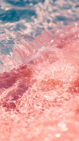 Dreamy pink shoreline waves in soft pastel sunlight glow.