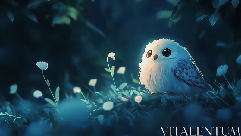 Small fluffy owl resting in soft blue night forest glow.