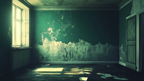 Vacant interior with peeling green wall and window light.