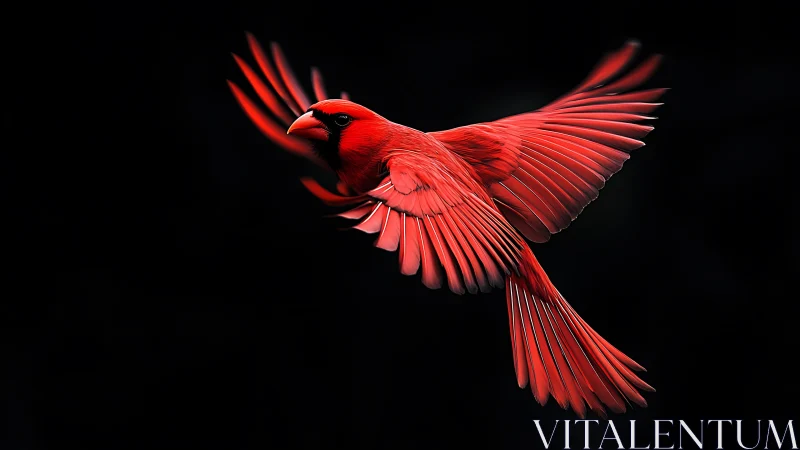 Vivid red cardinal in flight on black background, dramatic lighting.