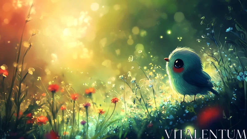 Adorable Fantasy Bird in Lush Sunlit Meadow, Digital Art Style.