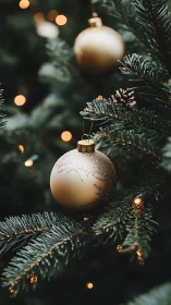 Golden bauble dreams nestled in deep evergreen hush.