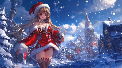 Snowy town stroll with a sparkling anime Christmas muse.