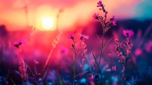 Wildflower silhouettes under neon sunset glow.