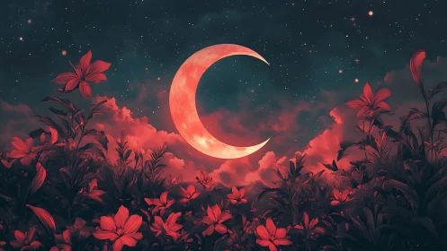 Crescent moon forms central axis above dense red floral field