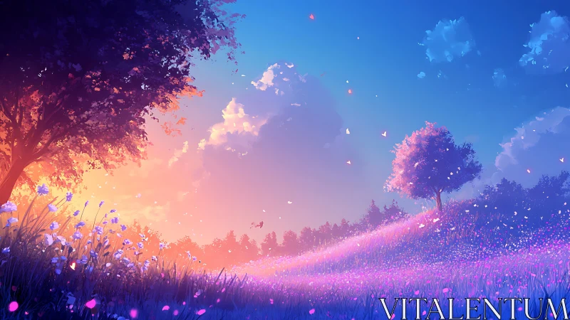 Twilight meadow dreams in glowing violet and peach skies.