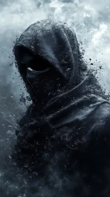 Hooded shadow dissolving into dark smoke and shards.