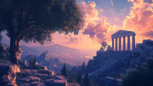 Sunset-illuminated Hellenic ruins on terraced mountain plateau.