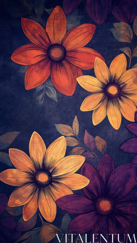 Botanical Illustration: Stylized Flowers on Dark Blue Ground