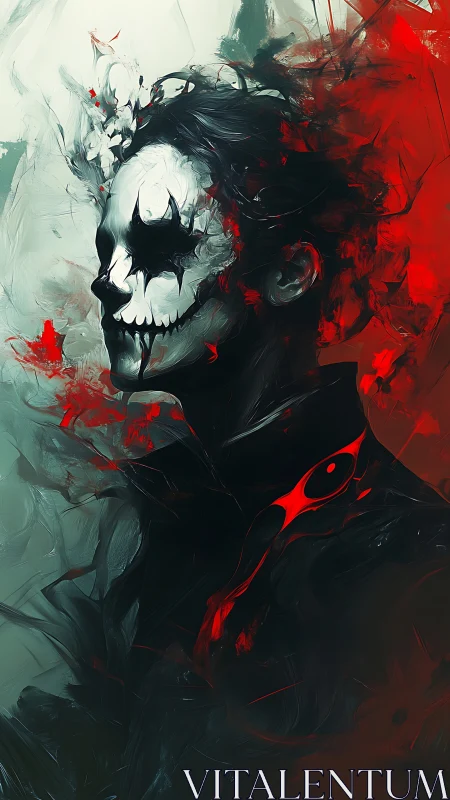 Haunting clown mask portrait glows in swirling red mist