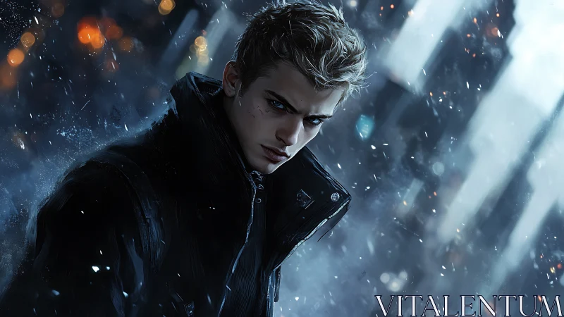 Brooding urban wanderer in windswept neon nightscape.