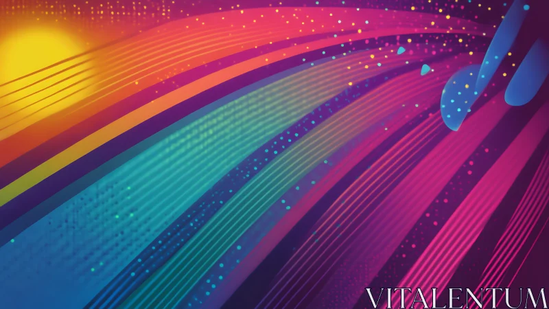 Curved neon gradients form dynamic arc ribbons with particle trails