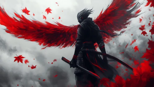 Winged katana warrior in red-black storm of falling maple leaves