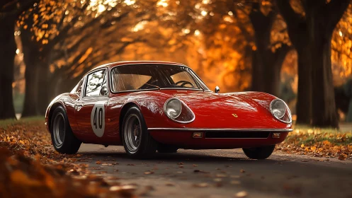 Red classic sports coupe on tree-lined autumn road.