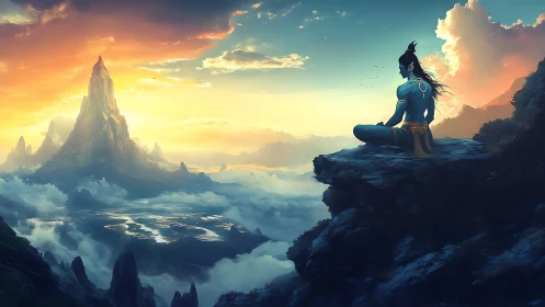 Digital painting of meditative deity on luminous mountain escarpment.
