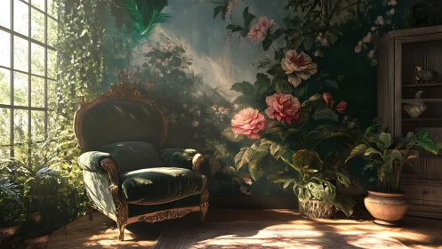 Velvet armchair in sunlit botanical salon with mural florals.
