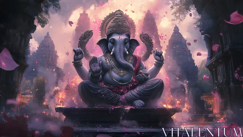 Mythic Ganesha in luminous temple conflagration tableau.