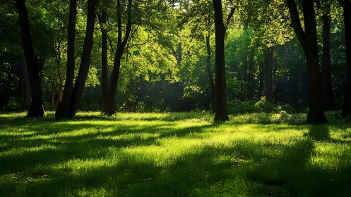 Sunlit Forest Clearing with Ancient Trees.