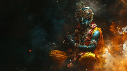 Divine blue deity in ornate garlands amid celestial smoke field