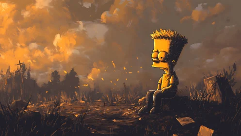 Quiet cartoon boy in smoky golden twilight landscape.
