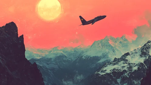 Jet aircraft over snowy mountains under large sun.