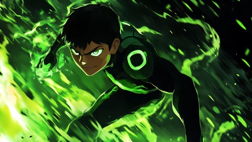 Emerald-charged young hero cuts through a rushing neon storm