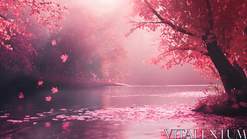 Pink maple trees over calm river in soft morning light.