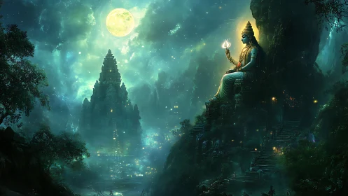 Moonlit deity overlooking mystical temple city in mist