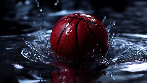 Red basketball crashes through midnight water in sharp focus