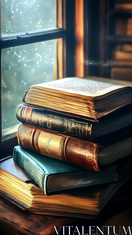 Old leather books rest by a rainy, softly glowing window.