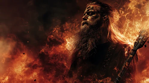 Bearded metal guitarist emerges from inferno with dramatic backlight